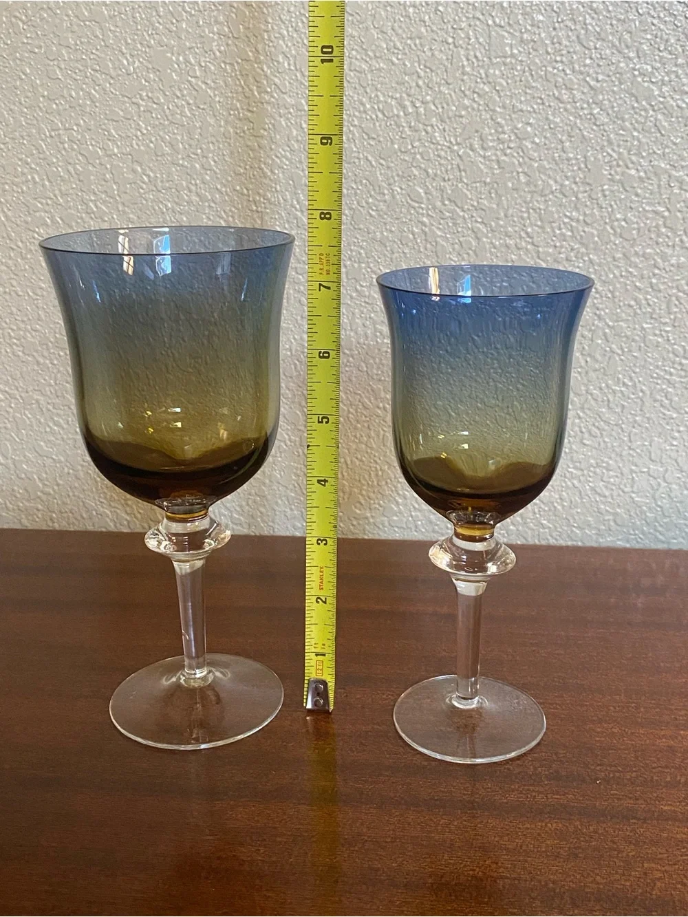 Rare Pair Vtg Ombre Blue & Amber Stemmed water Wine Glasses Handblown Sweden